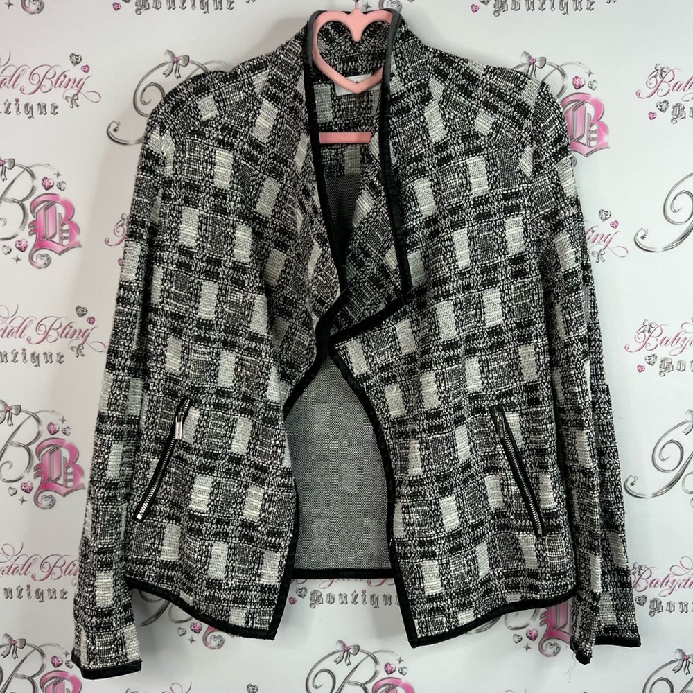 Calvin Klein blazer sweater cardigan tweed Black White Checkered sparkly
